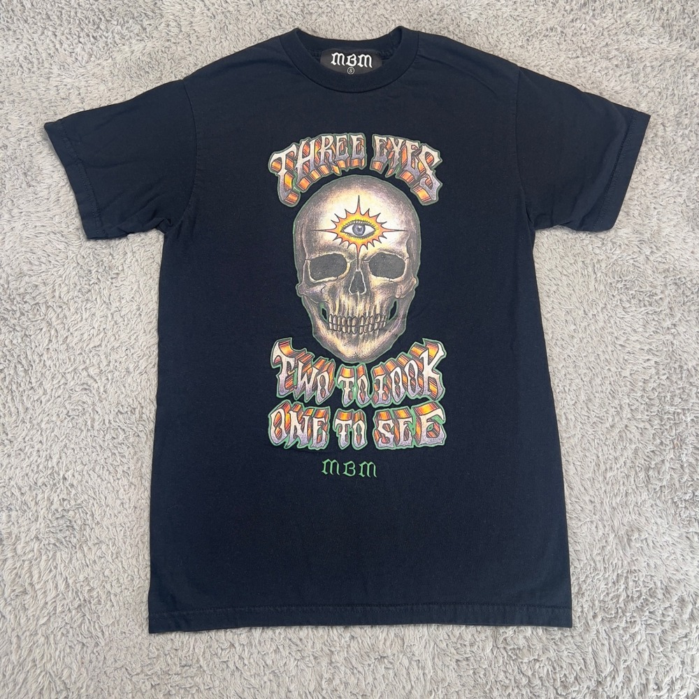 MBM Three Eyes Skull Graphic T-Shirt Mens Small Black Streetwear 5th Dimension